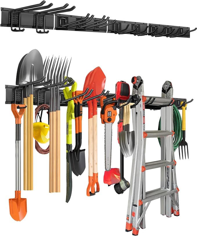 PIYILO 64 inches Garage Tool Organizer Wall Mount, Garden Tool Organizer Rack Heavy Duty, Hanging Storage Organization Racks Holder with 10 Hooks, for Lawn Tools, Shovel, Shed by PIYILO