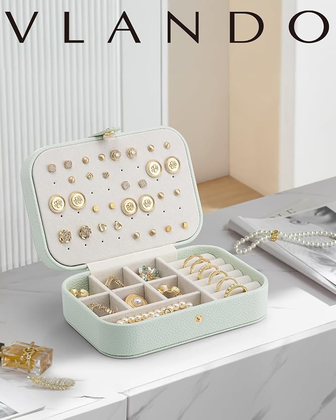 VLANDO Travel Jewelry Case for Women Girls Mothers, PU Leather Portable Small Jewelry Box for Rings, Necklaces, Bracelets, Earring Holder Organizer Storage for Travel, Bridesmaid Gifts - Mint Green - Image 2