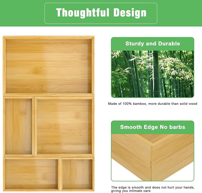 Bamboo Bathroom Drawer Organizer Dividers, Wooden Kitchen Utensil Holder Set of 5, Stackable Junk Drawer Organizer Tray, Multi-Use Storage Bins Boxs for Home, Office, Clothing, Makeup, Jewelry - Image 7
