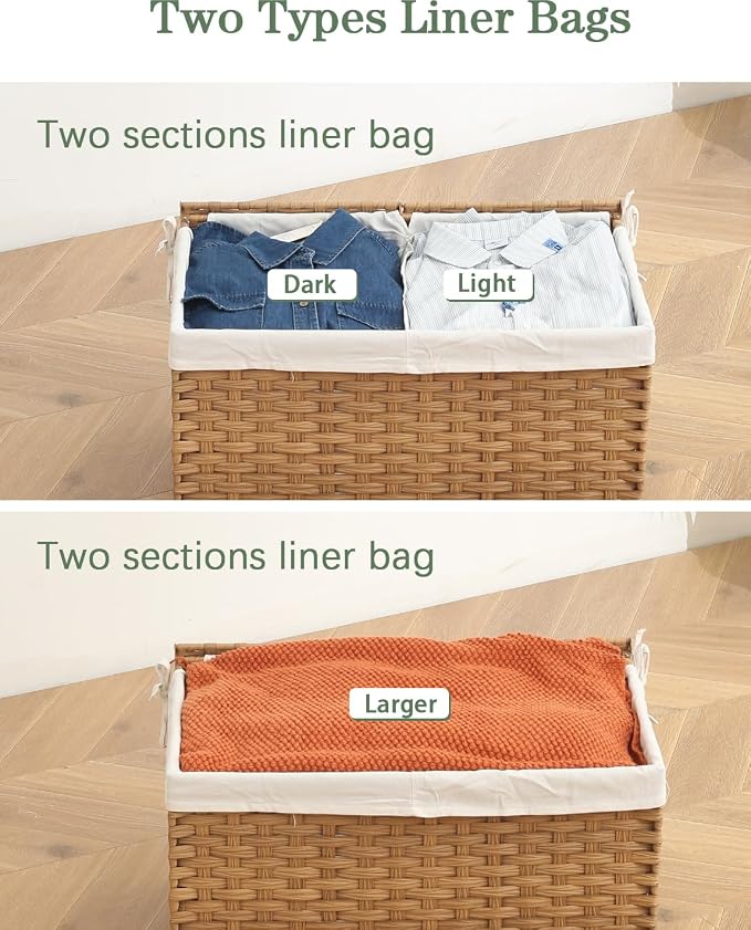 SETVSON Storage Basket with Lid Rattan Storage Basket with 2 Separate Lid, 27.8 Gallon (105 L) 25.2 * 15.4 * 16.1 Inches Woven Wicker Baskets with 2 Liners and Handles for Bedroom Laundry-Natural - Image 5