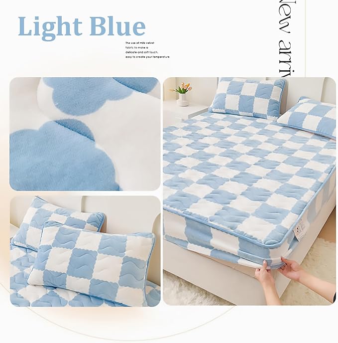 Velvet Fitted Sheet, Soft Velvet Fleece Bed Sheet Mattress Protector Cover with 12'' Deep Pocket Breathable Mattress Pad Cover, Elastic Fitted Mattress Topper(Twin-35x79inch, Light Blue)
