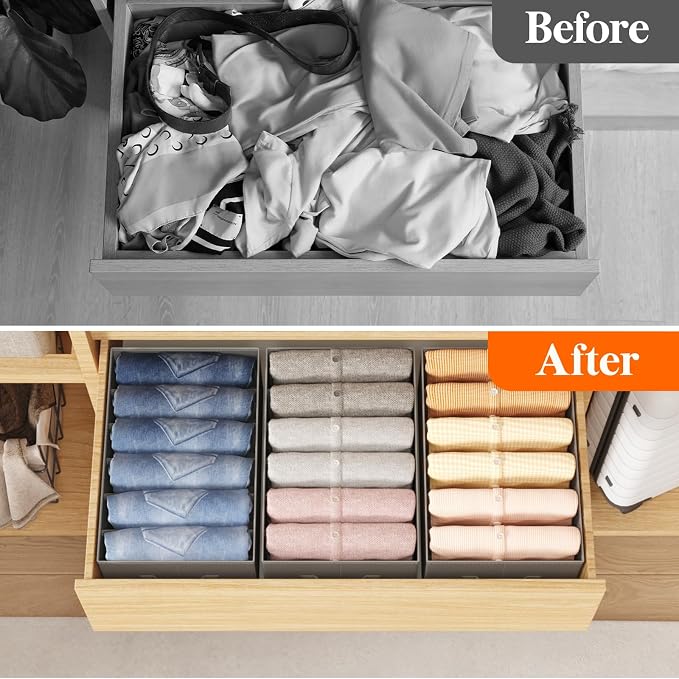 Lifewit Wardrobe Clothes Organizer 12 Pack, Large Size 6 Grids Closet Jean Storage Bins with Handles and Support Boards, Foldable Drawer Dividers for Sweater, Pants, T-Shirt, Hoodie, Dress, Grey - Image 7
