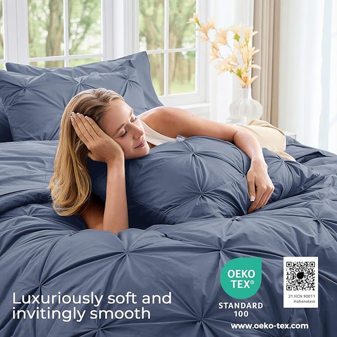 Sasttie Twin Comforter Set, 5-Piece Bed in a Bag, Pintuck Bedding Sets for All Season, Includes Comforter, Flat Sheet, Fitted Sheet, Pillowcase and Pillowsham, Indigo Blue