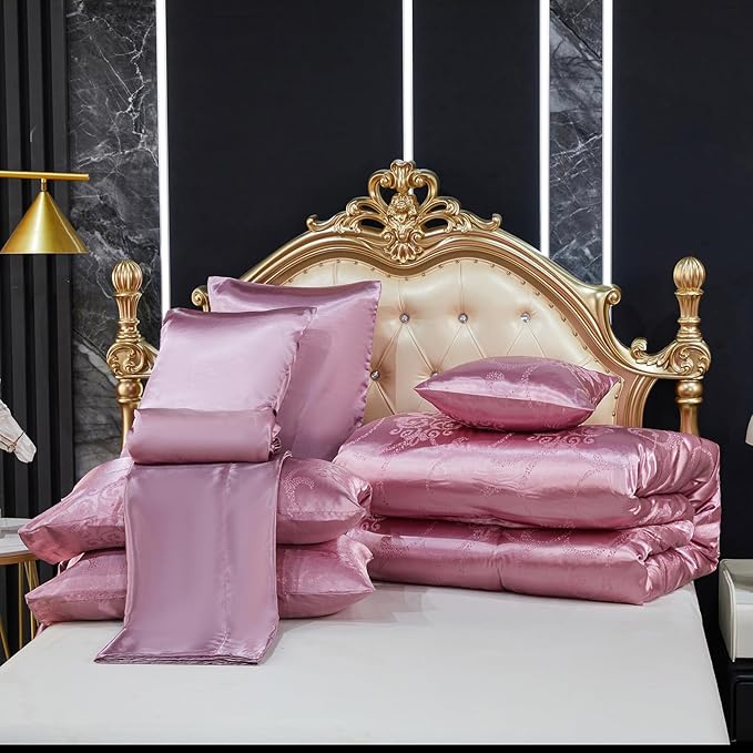 Elegant Jacquard King Comforter Set Satin Sheet Set Pink Bedding Set 8 Pcs Vintage Neoclassical Floral Bed Home Decor Soft Down Comforter Luxury Hotel Silky Bed in a Bag with 1 Cushion Cover