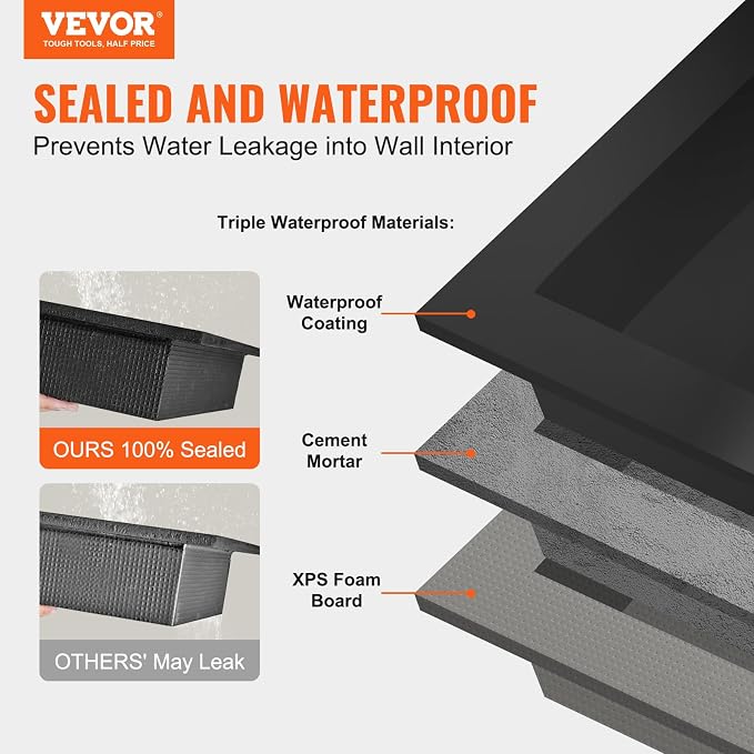 VEVOR Shower Niche Ready for Tile 16" x 50", Single Shelf Organizer, Square Corners Wall-inserted Niche Recessed, Sealed Protection Modern Soap Storage Niche for Shower Bathroom, Black - Image 4