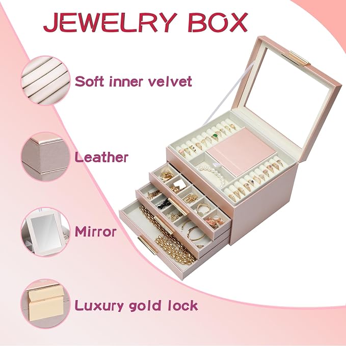 BOOVO Clear Lid Jewelry Box,3 Layers Jewelry Organizer Large Jewelry Storage Box with 2 Drawers,Jewelry Holder Organzier of Rings Earrings Necklace Bracelets for Women (Rose Gold, 4 Layer) - Image 4