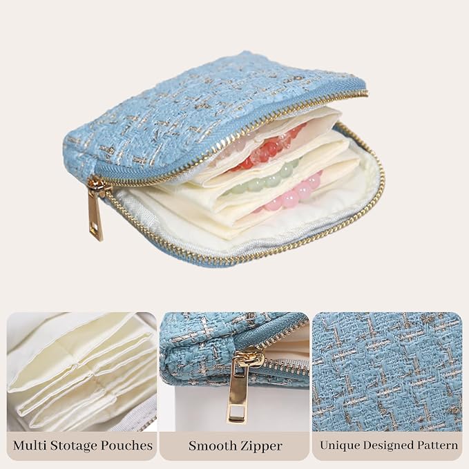 Stratalife Travel Jewelry Case - Portable Jewelry Pouches for Gemstones Healing Crystal, Bracelets Bangles Storage, Necklace Ring Holder Organizer with Zipper for Women, Light Blue - Image 3