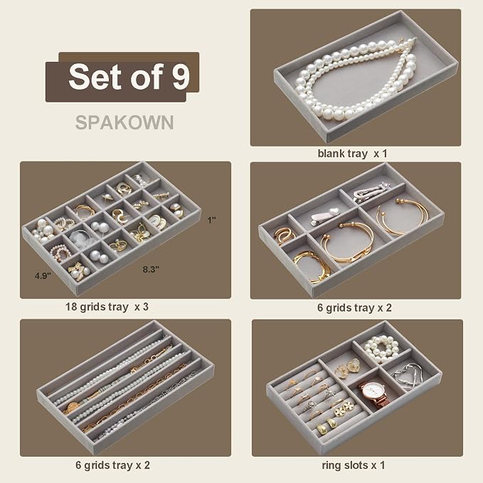 Stackable Jewelry Organizer Trays Set of 9, Small Velvet Jewelry Organizers Earring Necklace Ring Bracelet Display Case Storage for Drawer Dresser (Grey) - Image 3