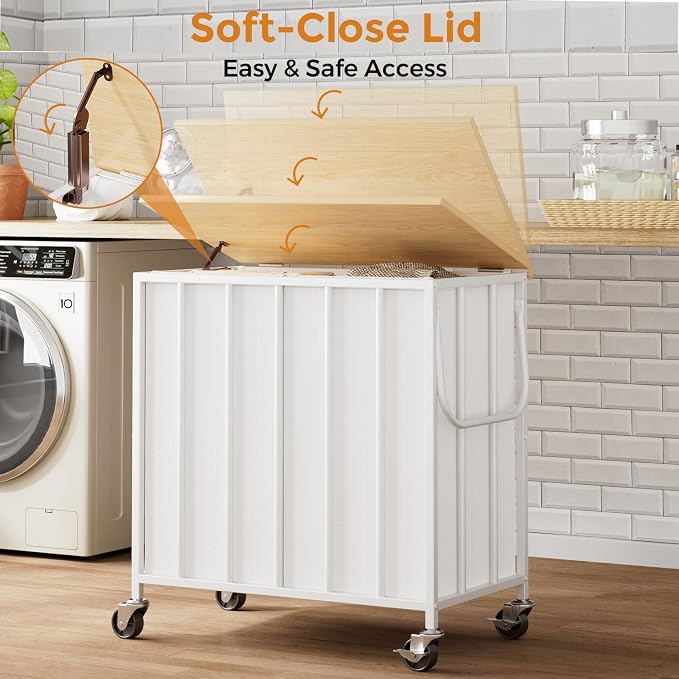 120L Laundry Hamper with Wheels and Lid, Rolling Laundry Basket with Dual Removable Liners, Soft-Close Flip-Top Wooden Lid, Metal Handles, Clothes Organizer for Bedroom and Laundry Room - Image 3