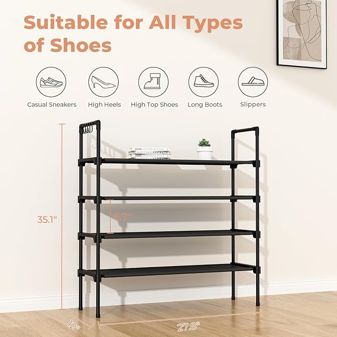 LANTEFUL 4 Tier Shoe Rack for Closet Shoe Organizer with 5 Hooks, Long Shoe Shelf Storage for Shoe and Boot Stackable Free Standing Shoe Rack for Entryway, Garage, Small Spaces, Dorm, Black - Image 3