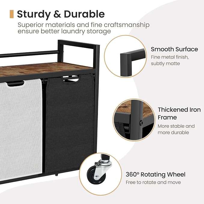 SwaaVee Laundry Hamper, Laundry Basket, Laundry Sorter with 2 Removable Bags, Clothes Basket with 2 Compartments, Wheels, Shelf for Laundry Room Bathroom Bedroom (2 Bags-Black Grey) - Image 5