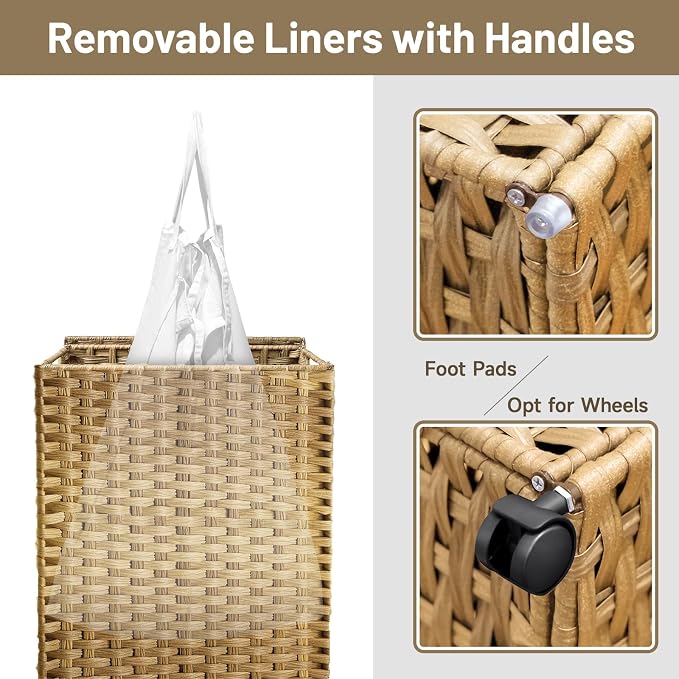 70L Slim Laundry Hamper with Lid & Wheels, Rolling Laundry Basket with 2 Removable Liner Bags & 3 Mesh Bags, Narrow Dirty Clothes Basket, Foldable Handwoven Rattan Laundry Sorter, Natural - Image 6