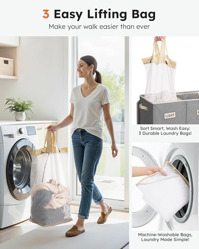 SOLEDI 200L 3-Section Laundry Hamper with Lid, Extra Large Dirty Clothes Basket with Sturdy Handles for Laundry Room & Bedroom - Durable Organizer for Sorting Laundry - Image 5