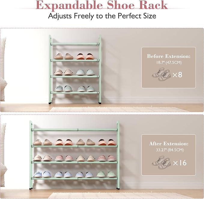 Bumusty 4-Tier Expandable Shoe Rack for Closet, 18“-33” Adjustable Shoe Rack for Small Space, Small Shoe Organizer for Front Door, Sturdy Metal, Green - Image 4