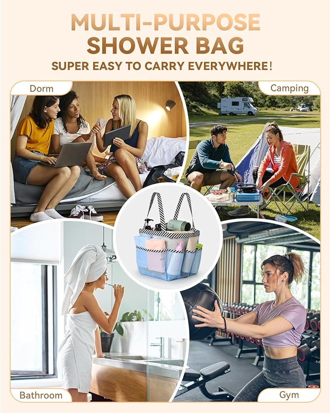 Temede Mesh Shower Caddy Tote, Large Shower Caddy Basket Portable, Quick Dry Hanging Toiletry Bag, 8 Storage Pocket Bath Organizer for College Dorm Room, Gym, Bathroom, Camp, Travel (Blue) - Image 6