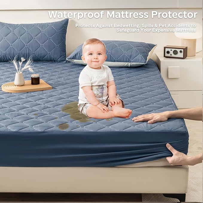 Waterproof Twin Mattress Protector, 18" Deep Pocket Mattress Topper - Lab Tested Leakproof, Oeko-TEX Certified, Breathable & Noiseless, Machine Washable,Fitted Twin Sheets Only (Blue)