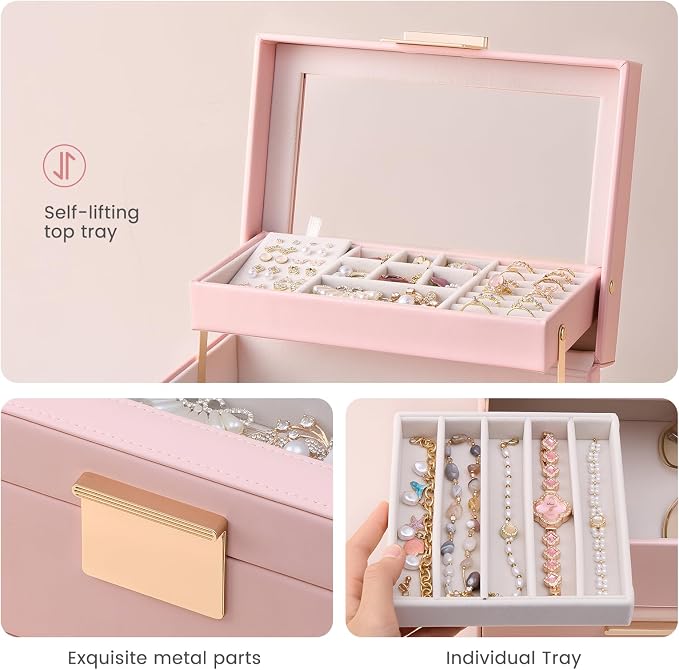 Lolalet Jewelry Box, Clear Window Jewelry Organizer with Drawer for Earrings Bracelets Necklaces Rings, Jewelry Storage for Women -Pink, 3 Layers - Image 4