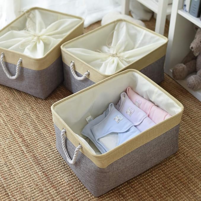 TheWarmHome Storage Baskets for Organizing, Extra Large-3Pack, 17.7L×13.8W×9.8H inch Large Sturdy Storage Bins, Decorative Storage Baskets for Shelves Closet Nursery (Gold&Grey) - Image 5