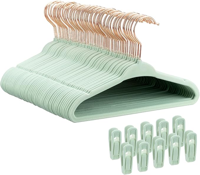 Tonswachic Baby Hangers 11 Inch, 50 Pack Velvet Baby Clothes Hangers Non-Slip Ultra-Slim Children Hangers with 10 Clips for Infant Toddler Newborn, Space-Saving Closet Organization - Green by TonswachicHangersSpaceSaver