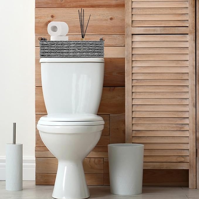 Small Storage Basket Wicker Baskets for Organizing with Handle Decorative Storage Bin for Countertop Toilet Paper Basket for Toilet Tank Top Small Baskets,Light Grey - Image 6
