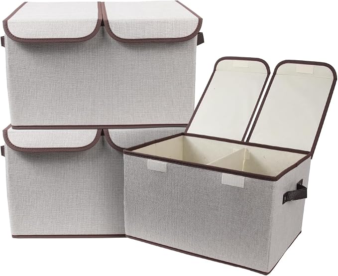 Foldable Fabric Storage Box, 16.5 x 11.8 x 9.8 inches (L x W x H), with Double-Lid & Dividers, Large Organizer for Home, Closet, Office(Grey, 3 Packs) by TCbelosion