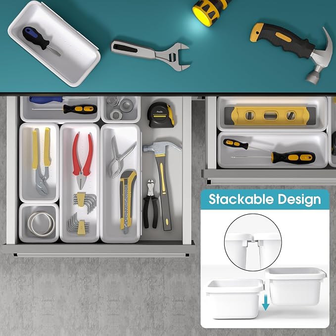 6 PCS Drawer Organizer Set, 3 Size Makeup Drawer Divider Organizer With Non-Slip Pads, Interlocking Plastic Storage Bins for Office,Jewelry Vanity,Gadgets, Bathroom,Kitchen, White - Image 5