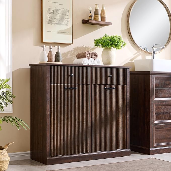 IFBUY Modern Double Tilt-Out Laundry Hamper Cabinet, 20 Gallon Fluted Trash Can Cabinet w/2 Drawers, Wooden Hidden Garbage Can Cabinets w/Laundry Basket, Free Standing for Bathroom and Kitchen, Brown by IFBUYFarmhouseFurniture
