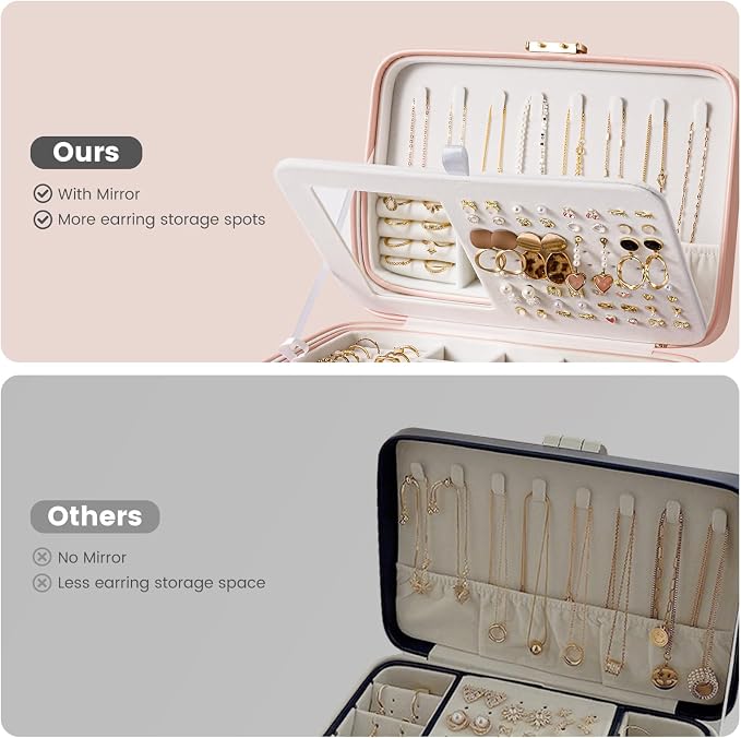Lolalet 2 Layer Jewelry Box with Lock and Key for Teen Girls & Young Women, Jewelry Organizer Case with Round Clasp and Mirror for Earrings Rings Necklaces Storage, Gift Idea -Lightpink - Image 5