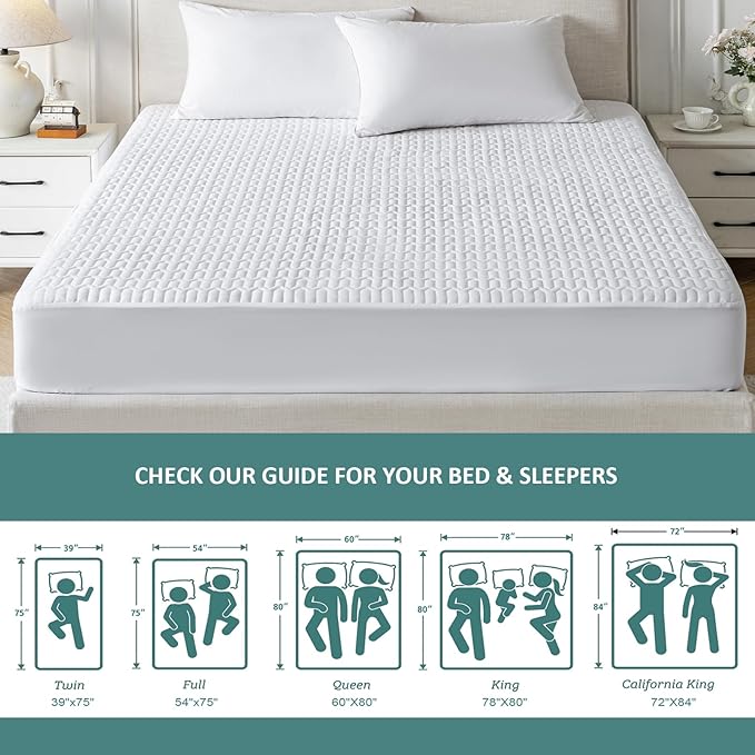 Waterproof Mattress Protector Queen Size, Mattress Pad Cover with Deep Pocket Fitted Up to 6"-18" Depth, Noiseless Soft Breathable Bed Mattress Cover Washable, White