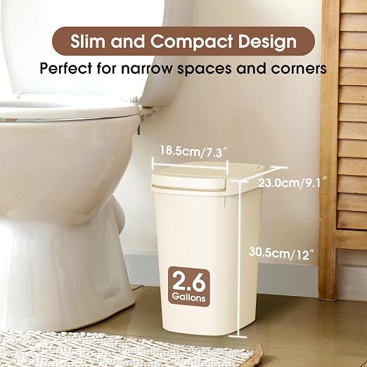CEROELDA 3 Pack Bathroom Trash Can with Lid, 10L/2.6 Gal Small Garbage Can with Press Top Lid, Slim Plastic Waste Basket for Toilet, Office, Bedroom (Beige) - Image 2