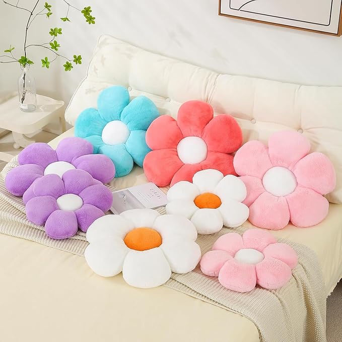 CANGHI 3 PCS Flower Pillows Flower Shaped Throw Pillow Cute Daisy Pillows Seating Cushions for Adults Kids Home Bedroom Sofa Chair Couch Decor (White/Pink/Purple, 15.74 inch)