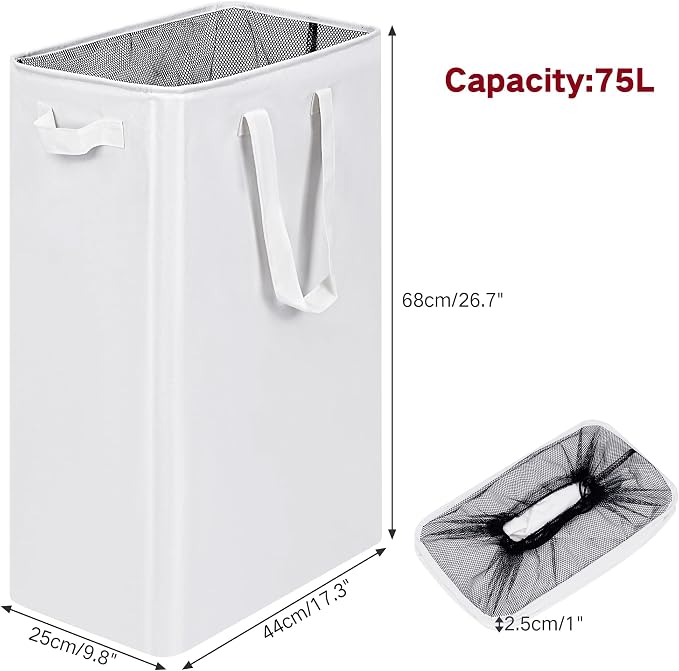efluky Slim Laundry Basket, Narrow Laundry Hamper with Handles, Collapsible Dirty Clothes Hamper, Tall Laundry Bin for Laundry Room, Dorm and Bedroom, 12.7 Gallons(75L) White - Image 2