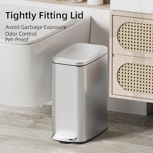KUK Slim Bathroom Trash Can with Lid, 1.6 Gal / 6L Stainless Steel Small Garbage Bin with Detachable Inner Bucket, Step Pedal, Silent Close, Wastebasket for Toilet, Bedroom, Home, Office (Silver) - Image 2