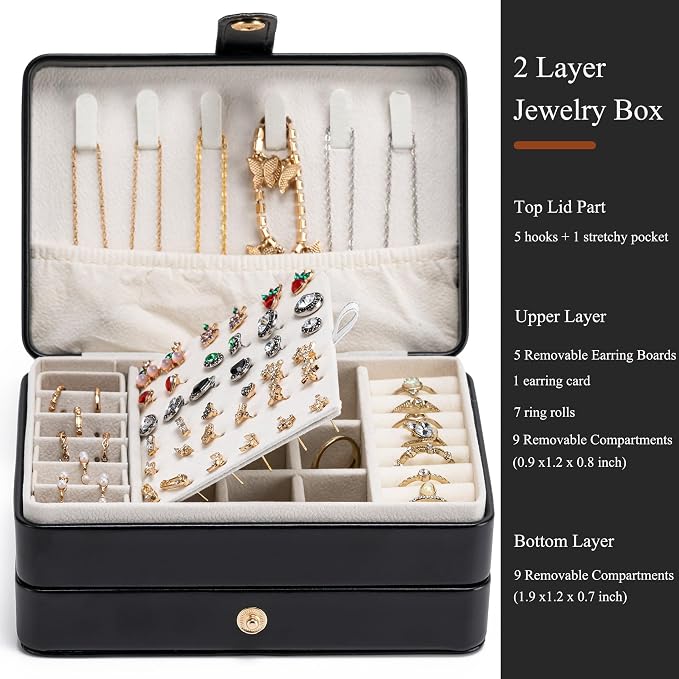 MODENGKONGJIAN Jewelry Organizer Box, 2-Layer Large Jewelry Storage Case, Portable Travel Jewelrys Display Holder for Earrings, Necklaces, Bracelets (Black, PU Leather) - Image 2
