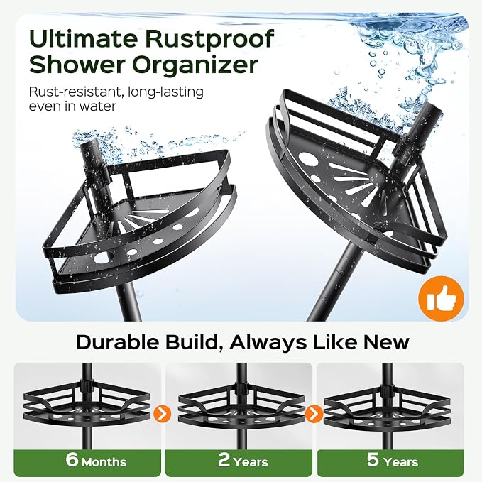 HAMITOR Shower Caddy Tension Pole: Rustproof Bathroom Corner Shelf for Renters, 47-121inches Adjustable Organizer with Soap Holder-Large Capacity Rack for Shampoo Storage Home Accessory - Black - Image 3