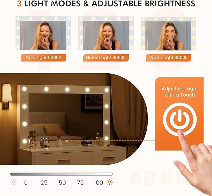Sweetcrispy Vanity Desk with Mirror and 11 LED Lights, Makeup Vanity Table with Charging Station (2AC/USB/C), Dressing Table with 2 Drawers & Large Cabinet, 3 Lighting Color Adjustable, White