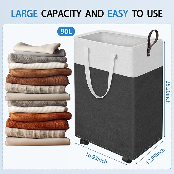 HomeHacks Laundry Basket with Wheels, Rolling Laundry Hamper, Collapsible & Waterproof Clothes Hamper, Narrow Corner Bins with Extended Handles in the Family & Dorm 90L(Grey) - Image 2