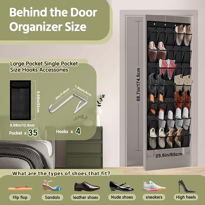 PAULONE 35 Pocket Over the Door Shoe Organizer,Reusable Breathable Large Mesh Bag Men's & Women's Sneaker Organizer,Shoe Organizer for Kids,Hanging Shoe Storage Hanging Bag (Black) - Image 3