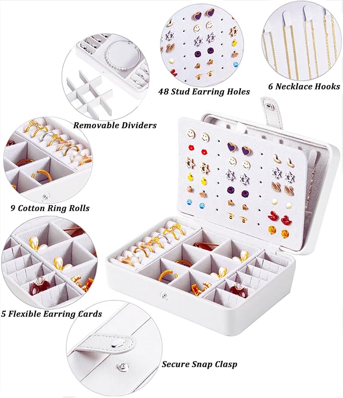QBestry All-in-One Travel Jewelry Organizer for Women White | Small Jewelry Box with 68 Earring Holes | Compact Portable Jewelry Case for Earrings, Rings, Necklaces | Perfect Gifts for Mom Wife Girls - Image 2