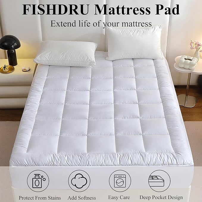 Quilted Fitted Mattress Pad, Quilted Fitted Premium Mattress Protector, Elastic Fitted Mattress Topper Protector and Cover Stretches up to 16 Inches Deep, Breathable, Machine Washable (White, Twin)