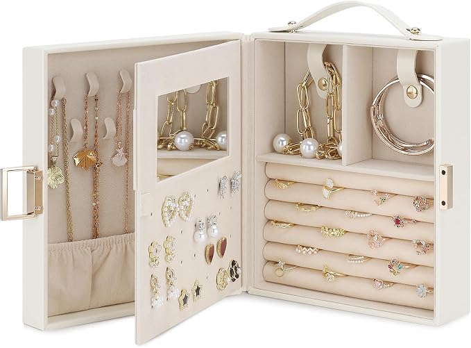 DesignSter Travel Jewelry Case for Woman, Portable Jewelry Travel Box with Mirror, PU Leather Small Jewelry Organizer with Handle for Rings Earrings Bracelets Necklaces(Beige & Pink) - Image 9