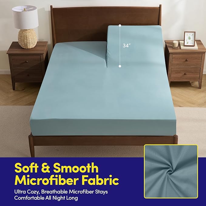 Split Head King Sheets Set for Adjustable Beds 4 Piece Flex Top Bed Sheets – Deep Pocket Split Top Fitted Sheet with Built-in Corner Straps, Luxury Soft Cooling Bedding, Wrinkle Resistant, Misty Blue