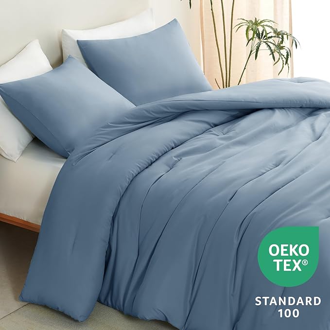 CozyLux Oversized King Comforter Set Grayish Blue, 3 Pieces 120x98 Solid Breathable Quilted Bedding Sets, Dusty Blue Luxury Soft Lightweight Bed Set with Down Alternative Comforter and 2 Pillowcases