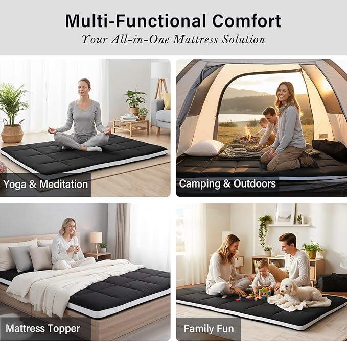 Tiita Floor Mattress Memory Foam Mattress Topper, 4" Thicken Futon Mattress with Storage Bag and 2 Straps, Portable Roll Up Travel Car Camping Mattress Sleeping Pad Full Size, Black