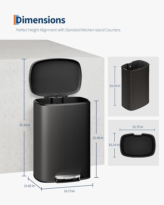 Garvee 13 gal / 50 L Metal Kitchen Trash Can with Lid, Large Rustproof Garbage Can for Kitchen, Step-on Trash Bin with Inner Bucket, Rear Handle, Soft Close Lid, Black - Image 6