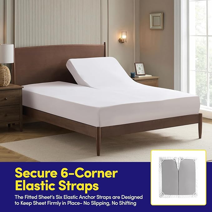 Split Head King Sheets Set for Adjustable Beds 4 Piece Flex Top Bed Sheets – Deep Pocket Split Top Fitted Sheet with Built-in Corner Straps, Luxury Soft Cooling Bedding, Wrinkle Resistant, White