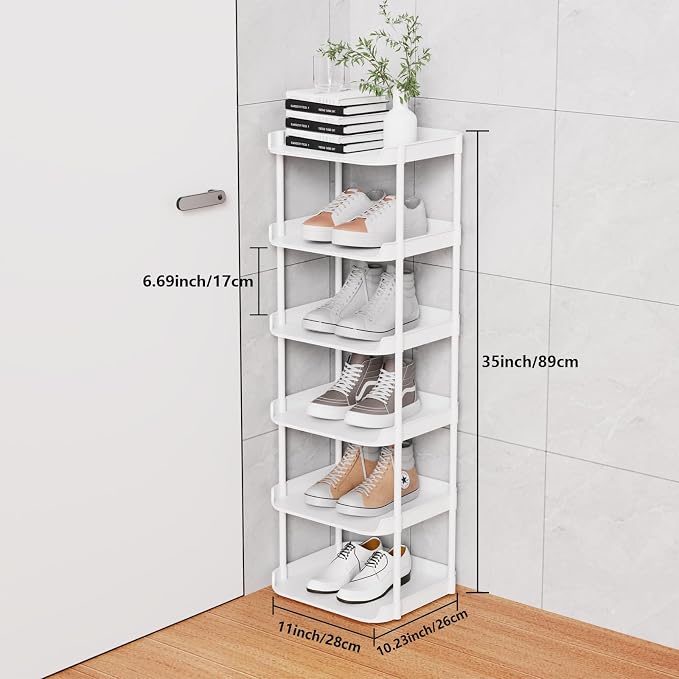 6 Tier Narrow Shoe Storage Rack, Compact Single Shoerack Stand for Slim Space, Stackable Tall Thin Show Tower, Solid Plastic Shelves, for Hallways, Kitchens, Bedrooms Tidy Organizer, White - Image 3