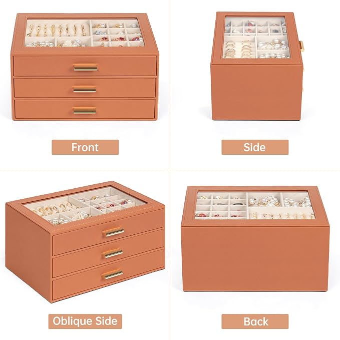AKOZLIN Jewelry Box with Clear Lid Functional Leather Jewelry Storage Organizer Case 3 Drawers for Women Girls Necklace Ring Bracelet Earring - Image 5