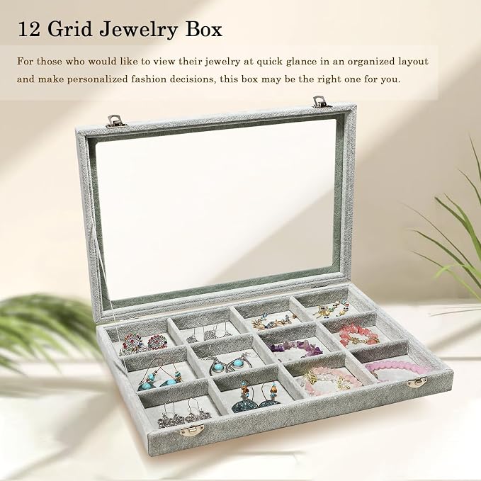 Stratalife Jewelry Holder Organizer Jewelry Organizer Box Bracelet Storage Velvet Jewelry Tray with Clear Lid Jewelry Drawer Organizer Jewelry Display Tray 12 Grid Grey - Image 4