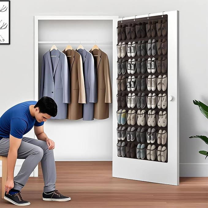 40-Pocket Over the Door Shoe Organizer - Large Mesh Pocket Hanging Shoe Organizer,Behind the Door Shoes Storage Holder Hanger (Coffee color) - Image 6